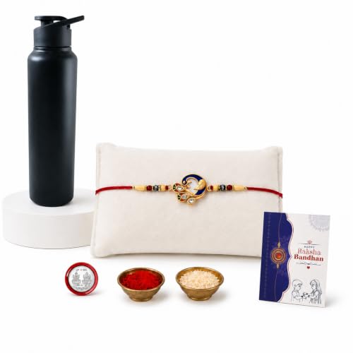 Peacock Rakhi Combo - Raksha Bandhan Gift with Sports Bottle 1000ml, Pack of 5 for Bhaiya
