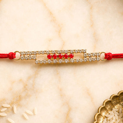 American Diamond Rakhi with slim studded bar and red thread
