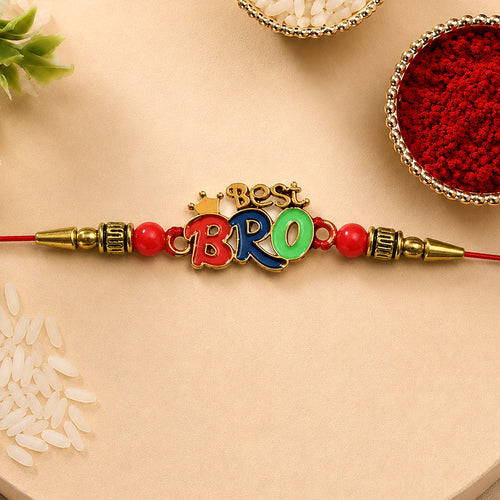 Best Bro Rakhi with vibrant colorful beads and crown motif on red thread
