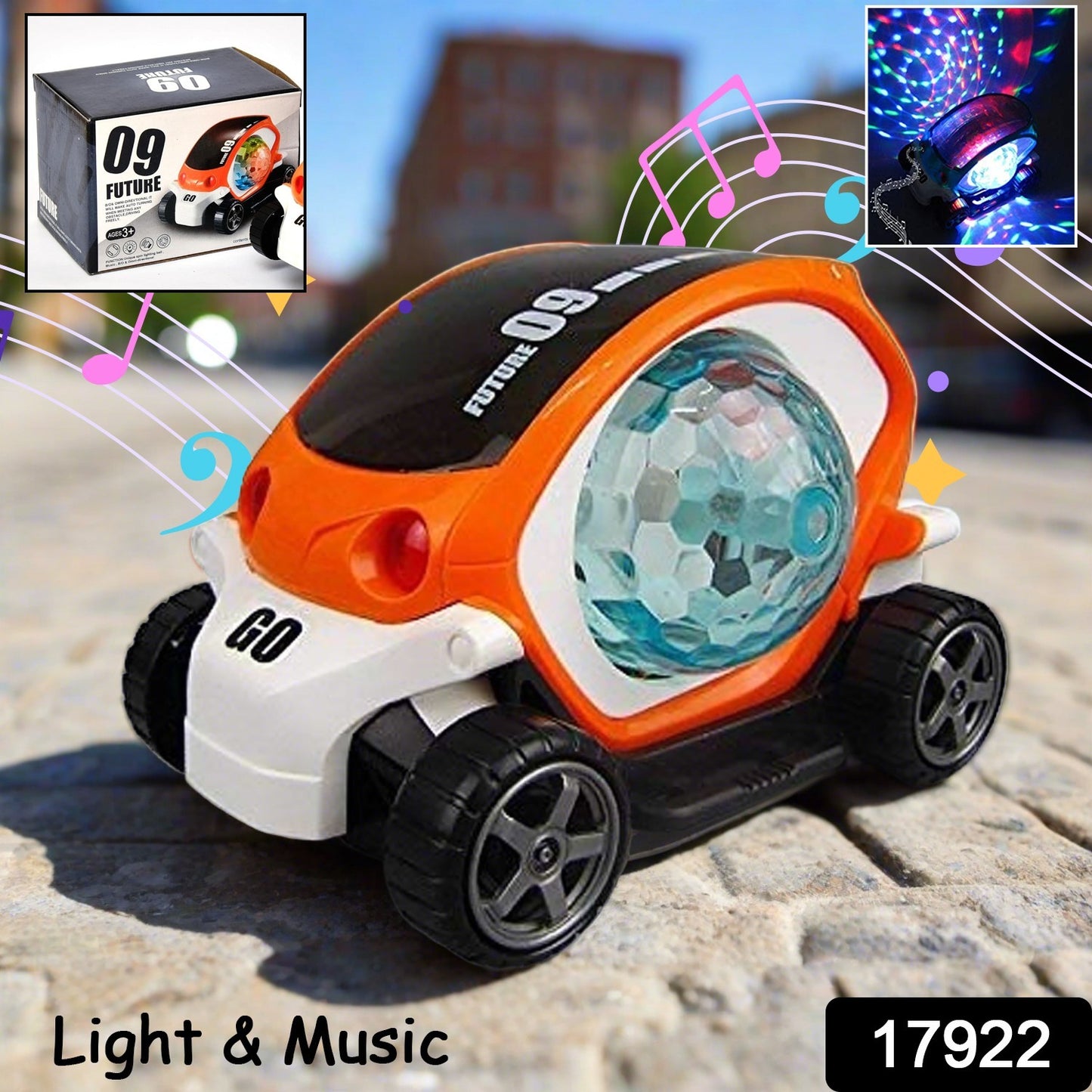 360° Rotating Stunt Car Toy – Bump & Go with 4D Lights, Music & Disco Ball (1 Pc, Battery Not Included)