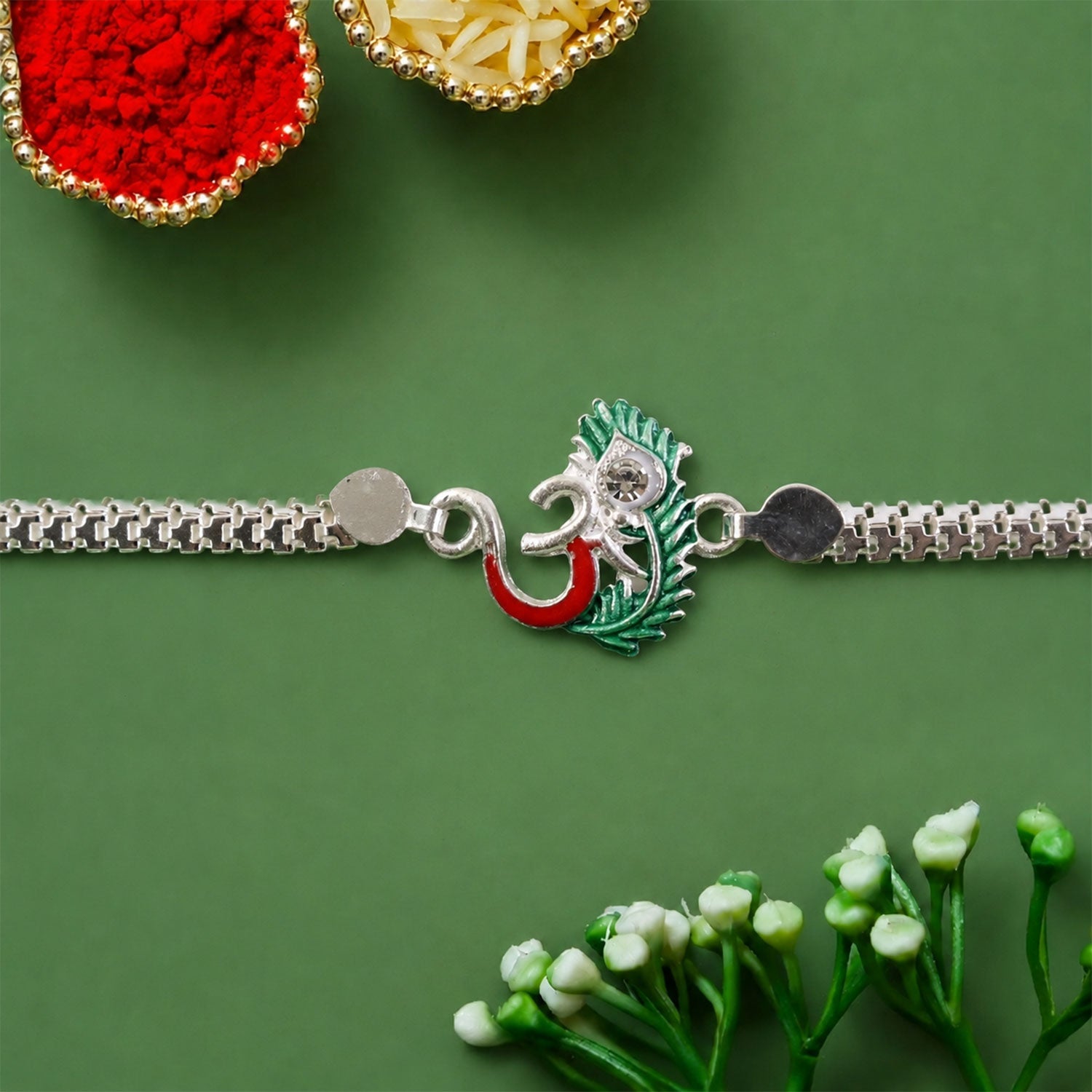 Om Charm Morpankh Silver Chain Crystal Diamond Rakhi for Brother (5pcs)