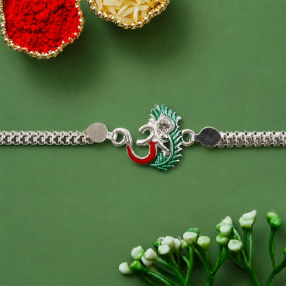 Om Charm Morpankh Silver Chain Crystal Diamond Rakhi for Brother (5pcs)