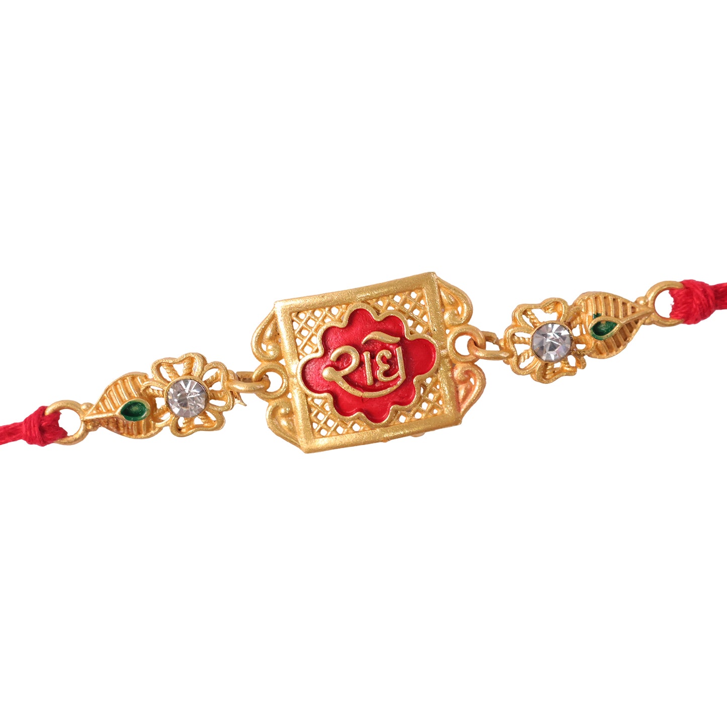 Gold-Toned Radhe with Red Enamel, Crystal Accents & Designer Red Thread