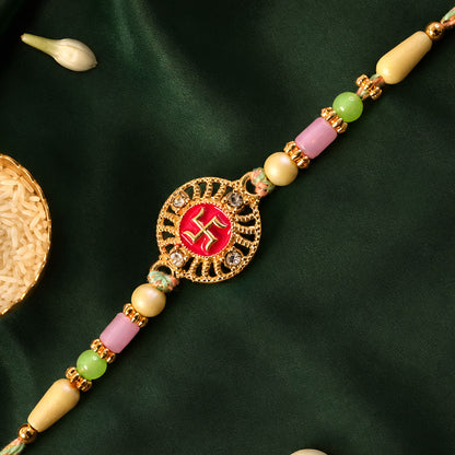 Swastik Pendant Rakhi with Kundan Stones and Pastel Beads