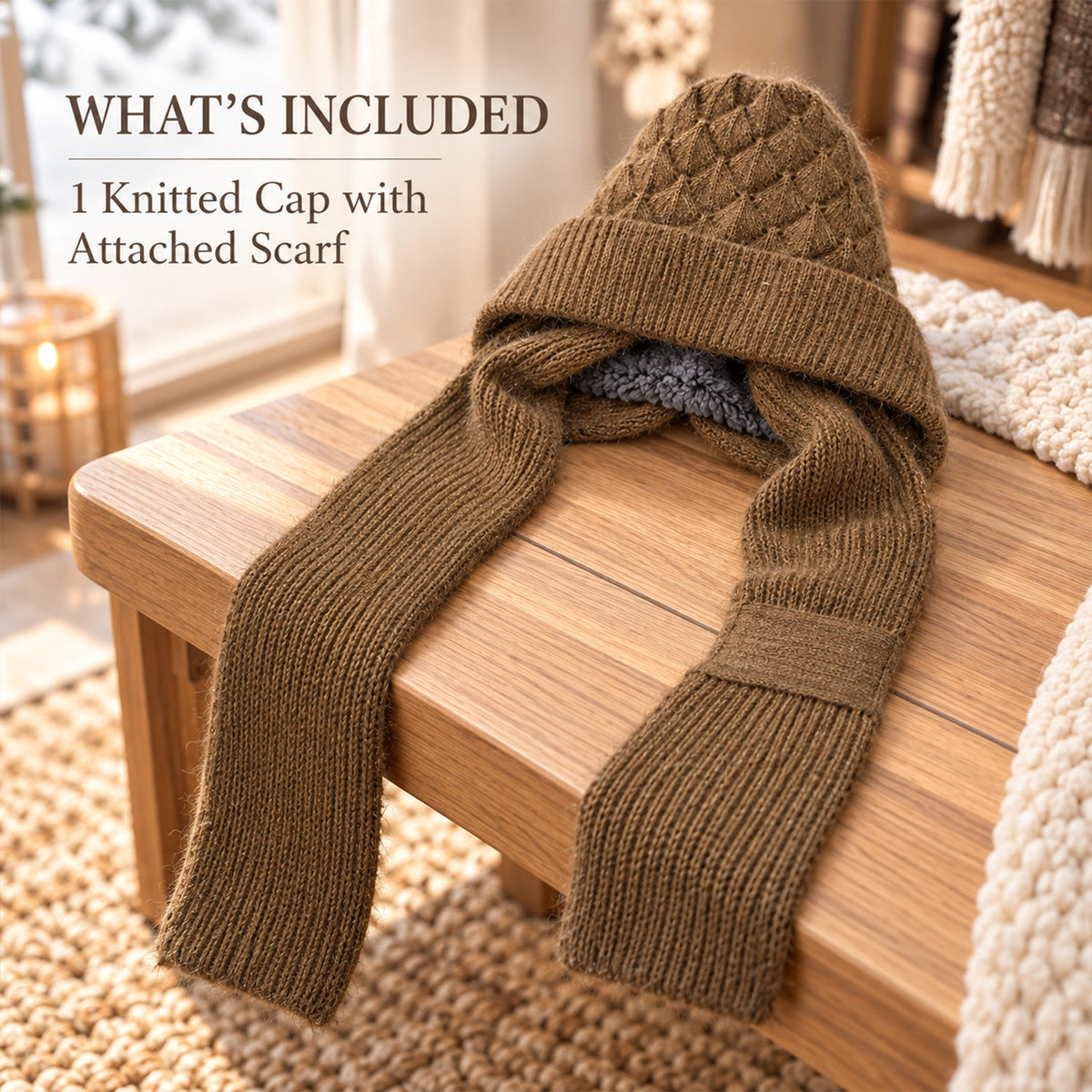 A brown knitted cap with an attached scarf and soft gray lining rests on a light wooden bench indoors.