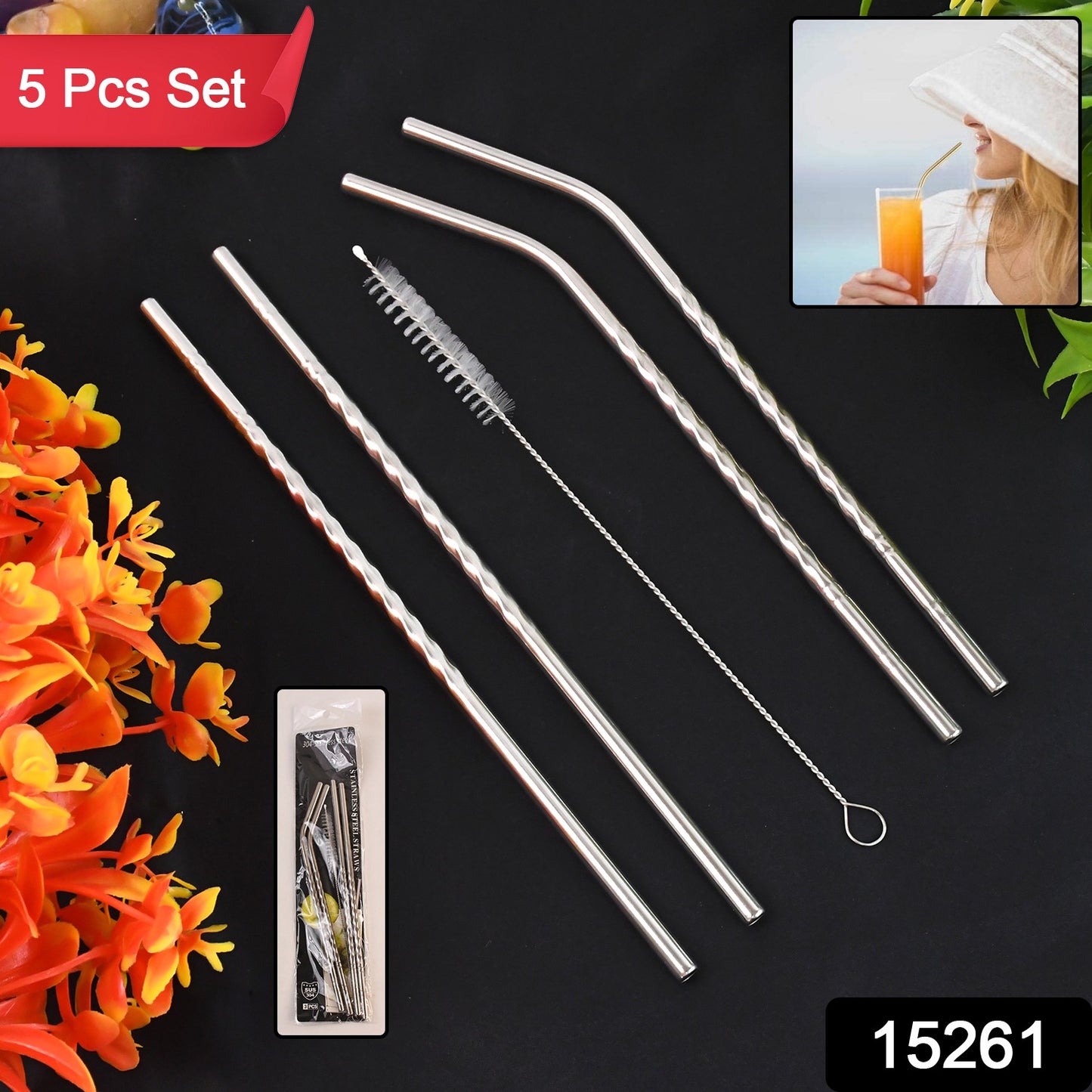 Reusable Stainless Steel Straws Set of 5 (2 Straight straws, 2 Bent straws, 1 Brush)