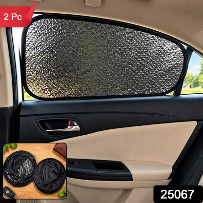 A silver reflective sunshade on a car window, with insets showing folded sunshades and a product number.