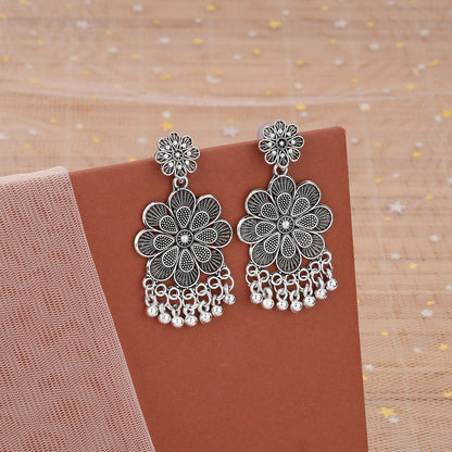 Elegant Oxidised Silver Jhumka Earings With Layered Floral Design