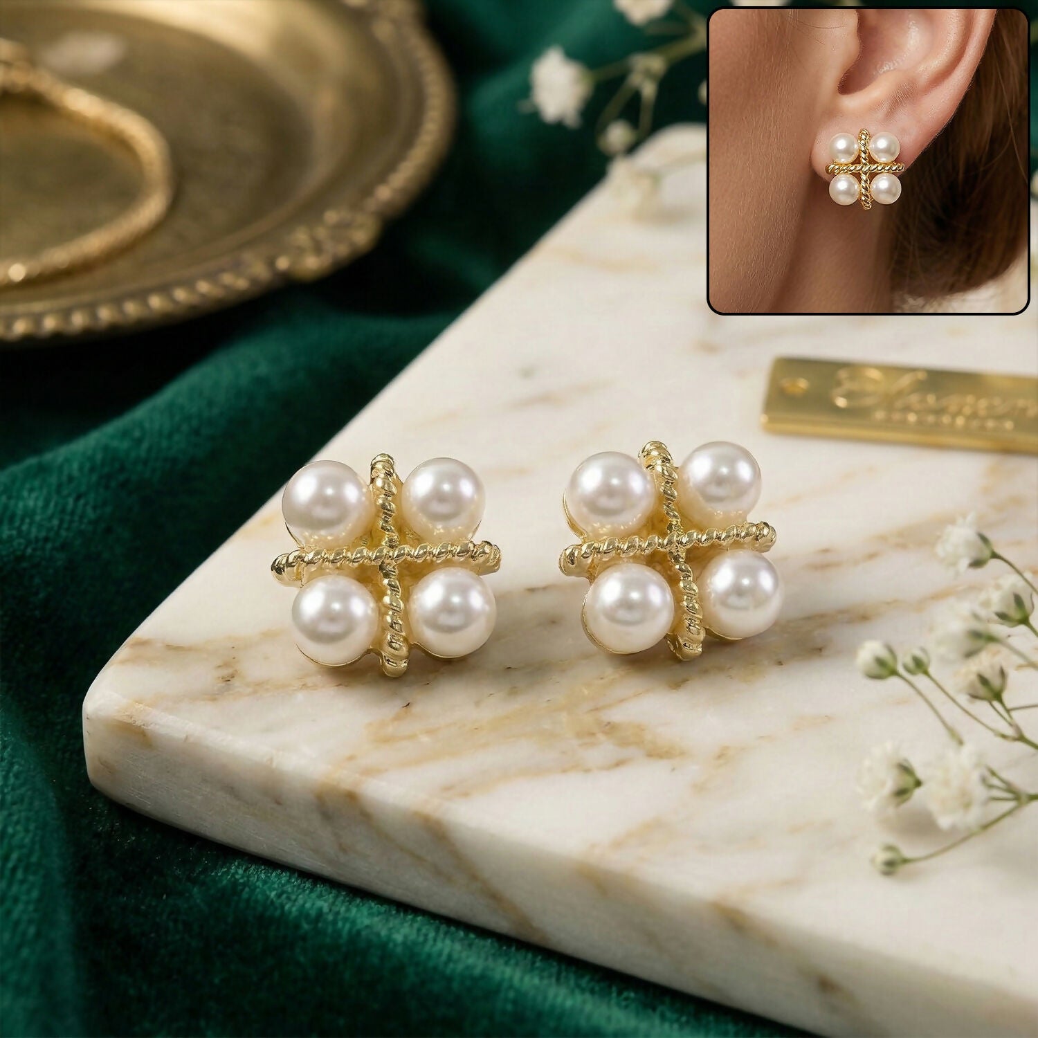 Korean Vintage Twisted Gold & Quad Pearl Studs For Girls And Women