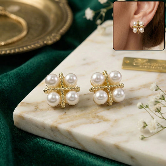 Korean Vintage Twisted Gold & Quad Pearl Studs For Girls And Women