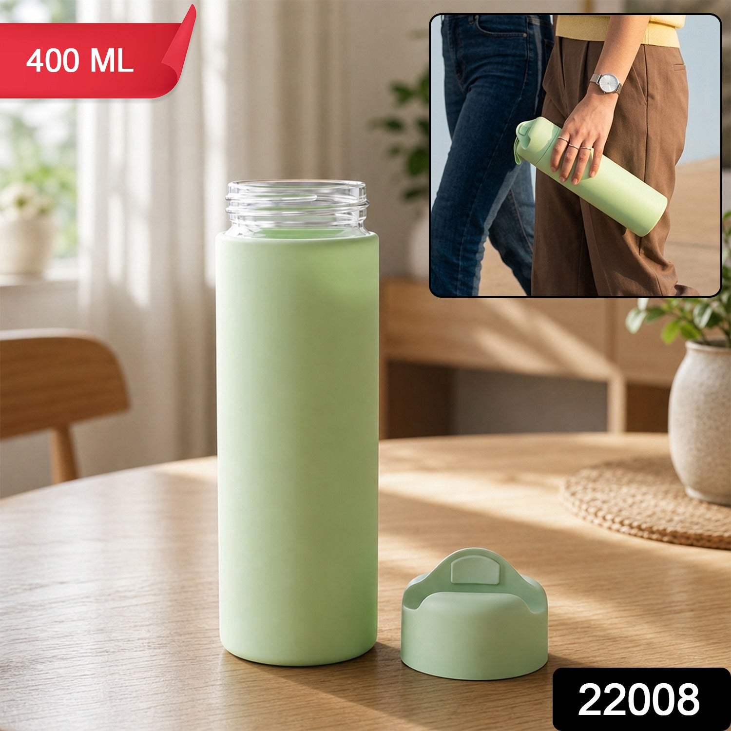 400 ML Glass Travel Water Bottle with Silicone Sleeve for Travellers (1 Pc)