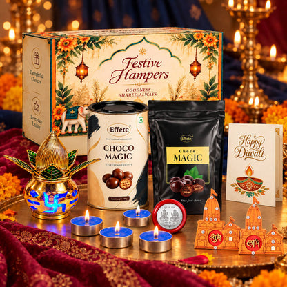 A festive gift box with chocolate pouches, a kalash, tealights, and Shubh-Labh decor arranged on an ornate golden tray.