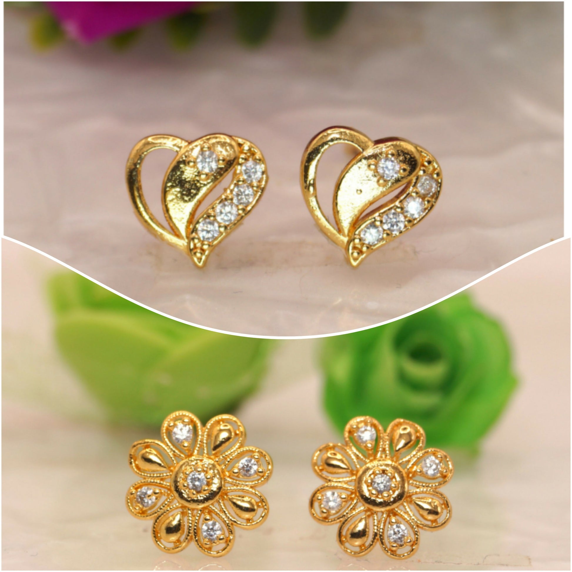 Gold Plated Heart & Floral Stud Earrings for women and girls Combo Pack of 2