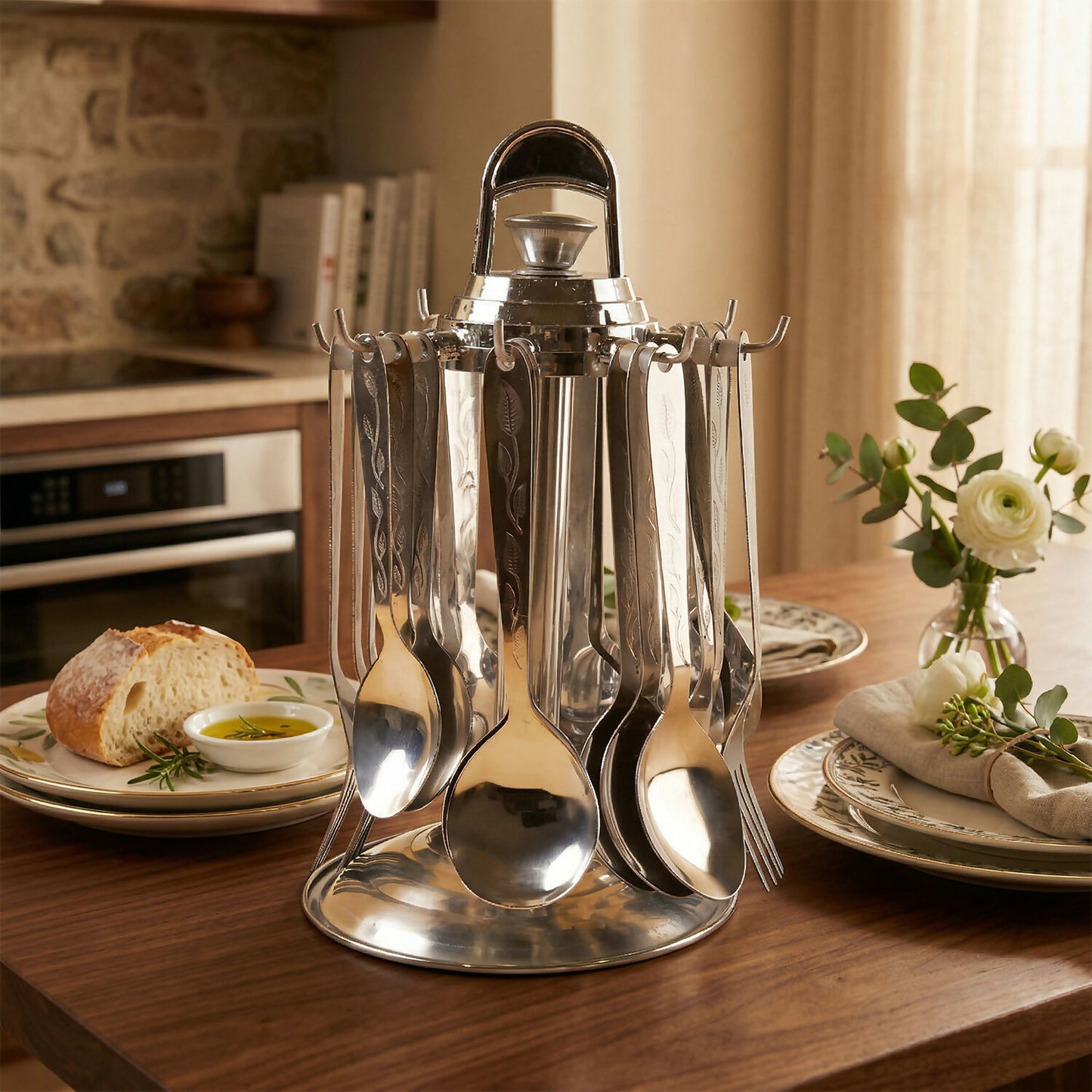 Cutlery set displayed on dining table with reflective shine