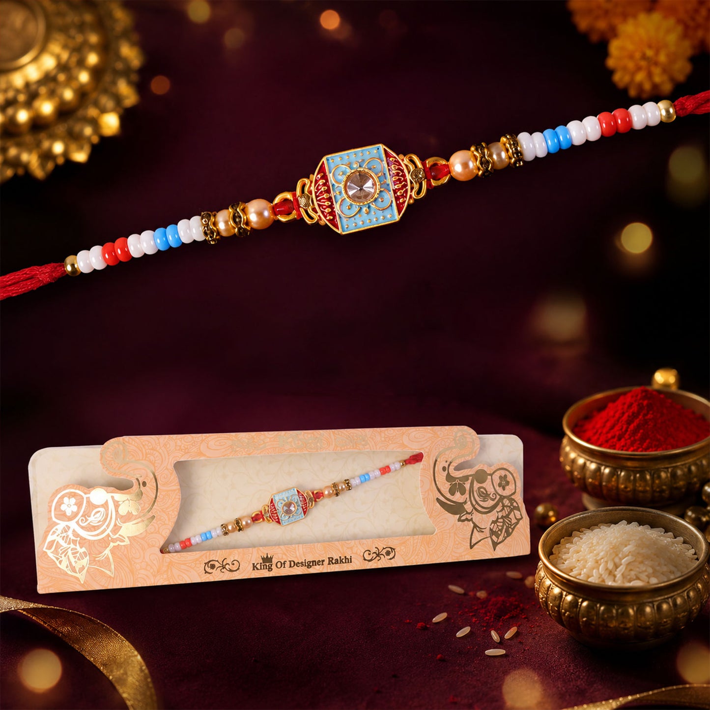 Sky Blue-Red Meenakari Designer Bhaiya Rakhi for Brother with Beads Gift