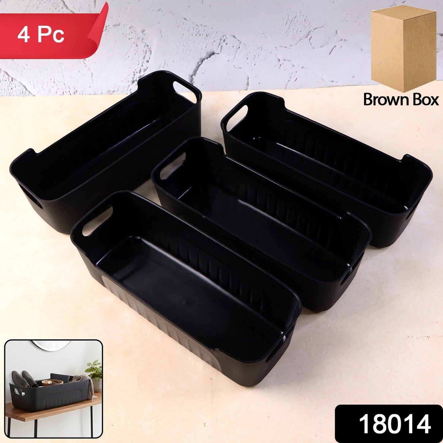 Black Plastic Storage Basket Tray Set (4 Pcs)