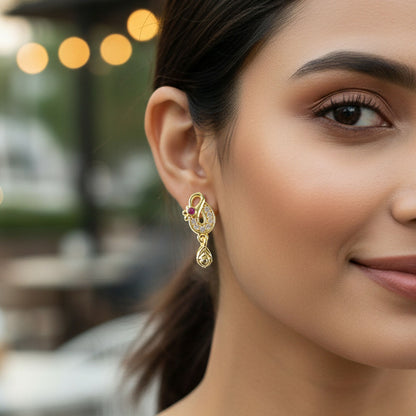 Classic Gold Finish Earrings with Crystal Detailing & Red Stone