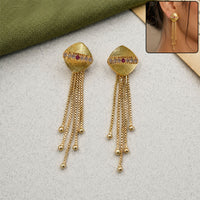 Gold Rhombus Dangle Earrings, Multi-Strand Chain Tassels & Pavé Gemstone Stripe Center