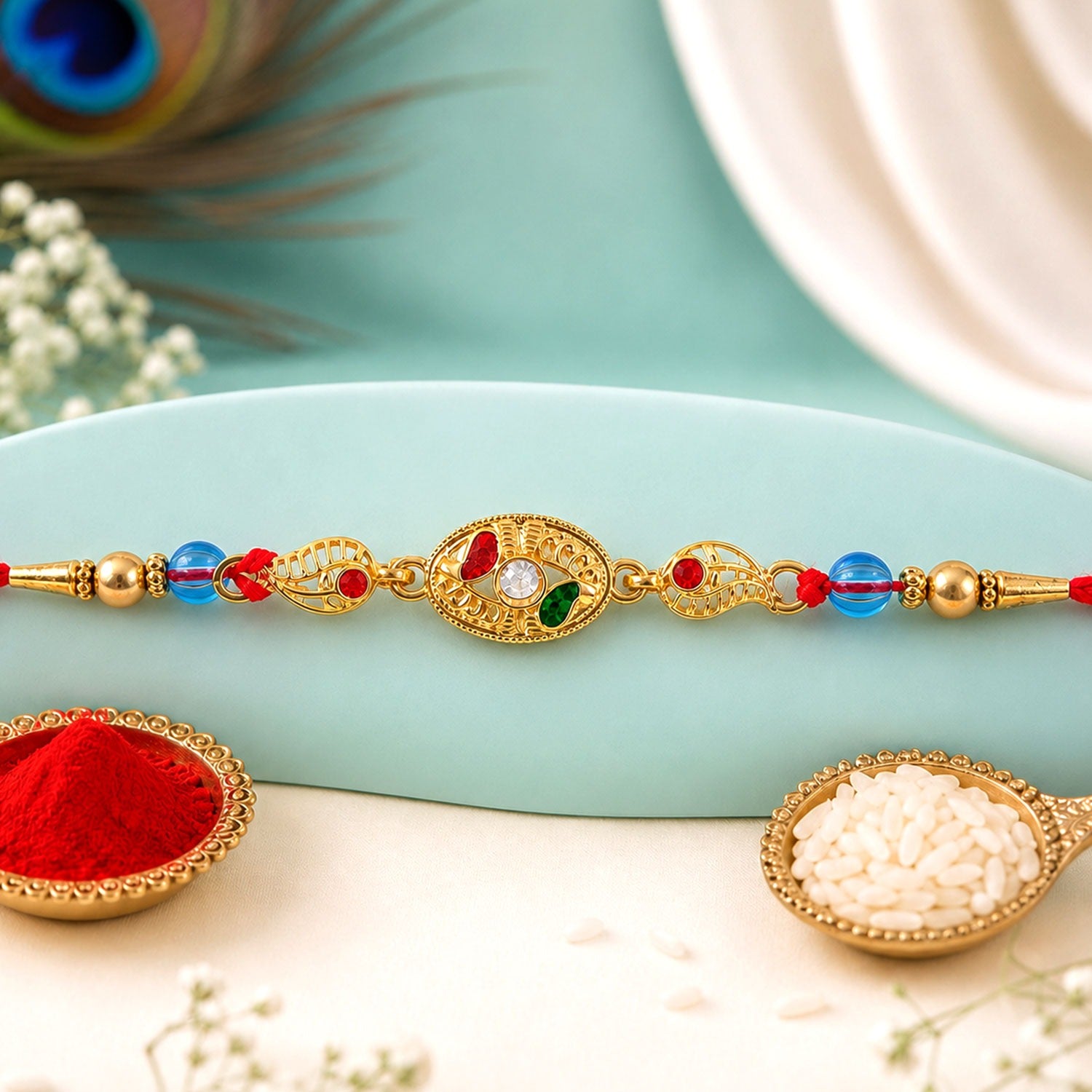 AD Stone Rakhi – Colorful Marquise Design for Brothers