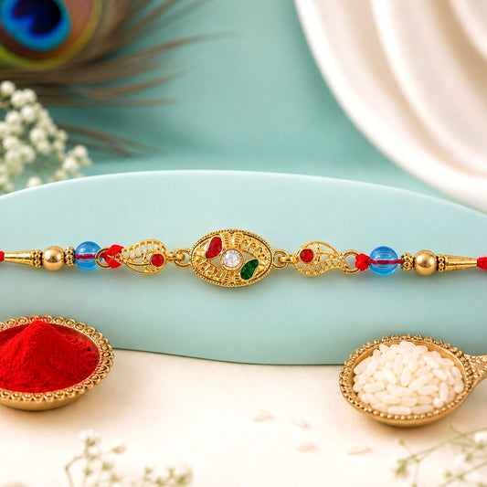 AD Stone Rakhi – Colorful Marquise Design for Brothers