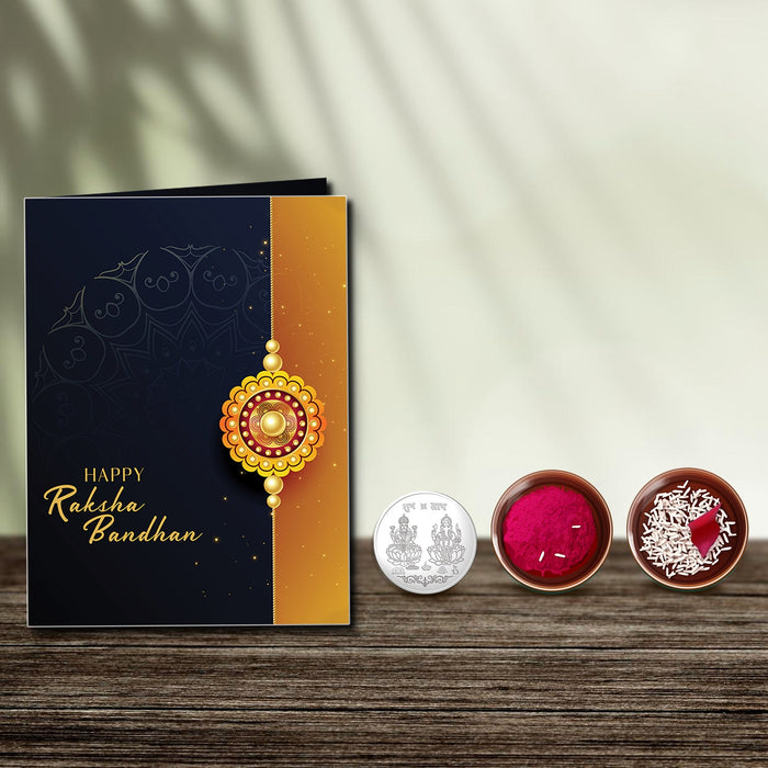 Silver Color Pooja Coin, Roli Chawal & Greeting Card