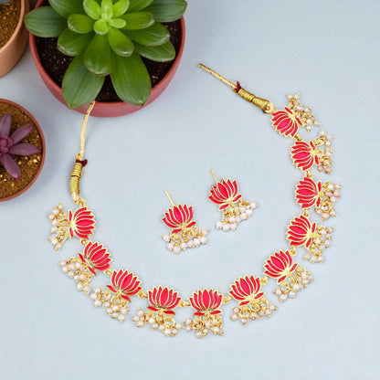 Gold Necklace with Pink Lotus & White Beads Pendant for Women Stylish Jewelry