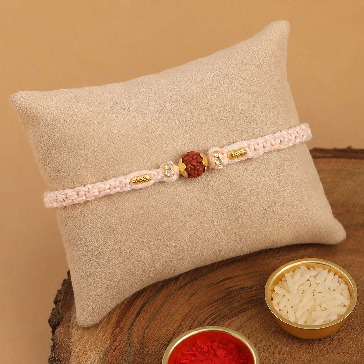 Beautiful Silver Style Rakhi with Soft Beads, Stone Detail and Premium Festive Look