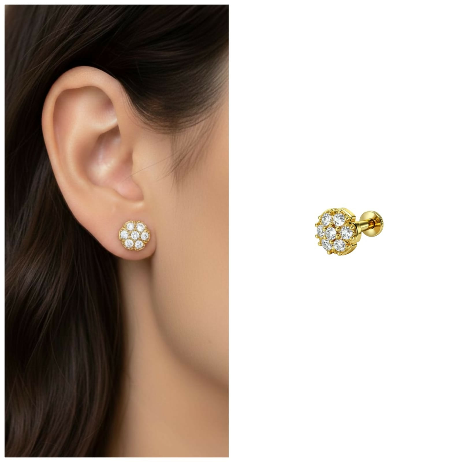 Elegant gold floral cluster stud earrings showcasing shiny crystals