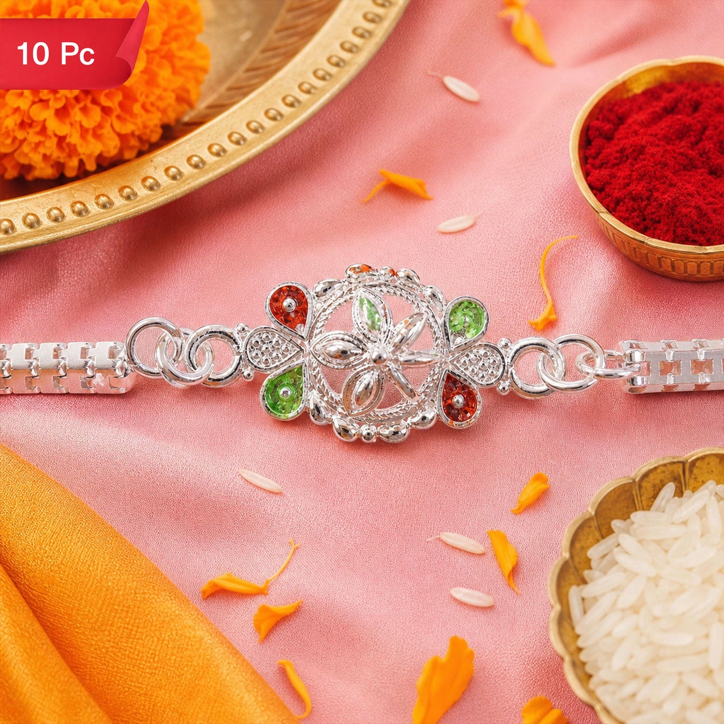 Silver Chain Rakhi for Brothers Floral Enamel Design (10pcs)