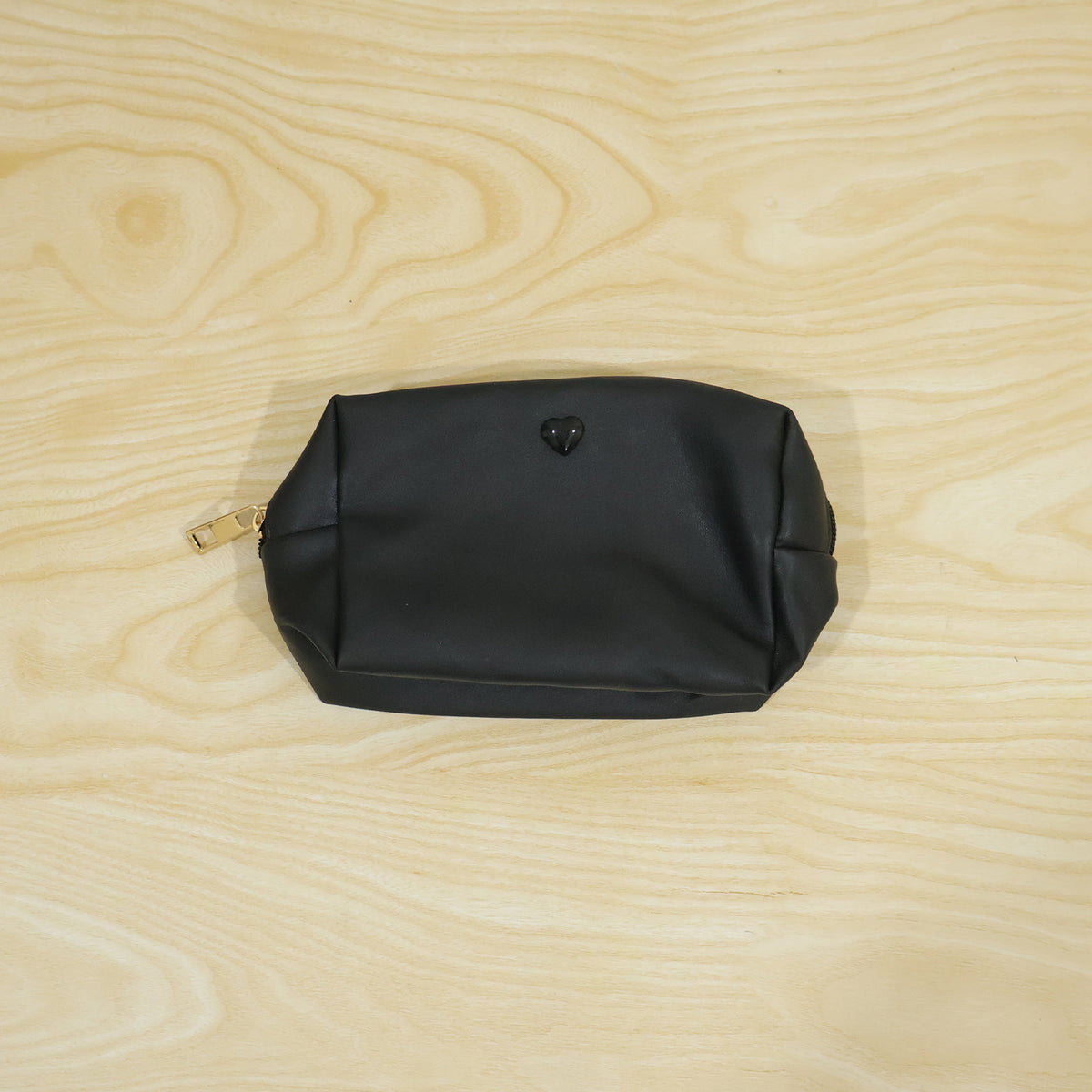 Black Faux Leather Zipper Makeup Pouch with Heart Detail (1 Pc)