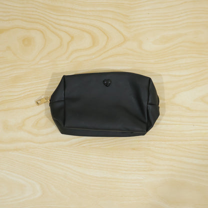 Black Faux Leather Zipper Makeup Pouch with Heart Detail (1 Pc)