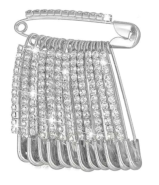 Silver Crystal Rhinestone Safety Pin Brooch with Dangle Pins Set