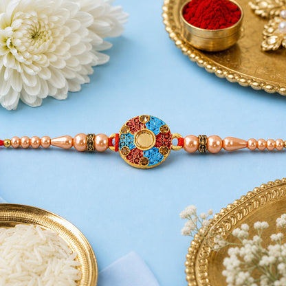 Round Meenakari Kundan Pearl Thread Rakhi for brother, showcasing its intricate design.