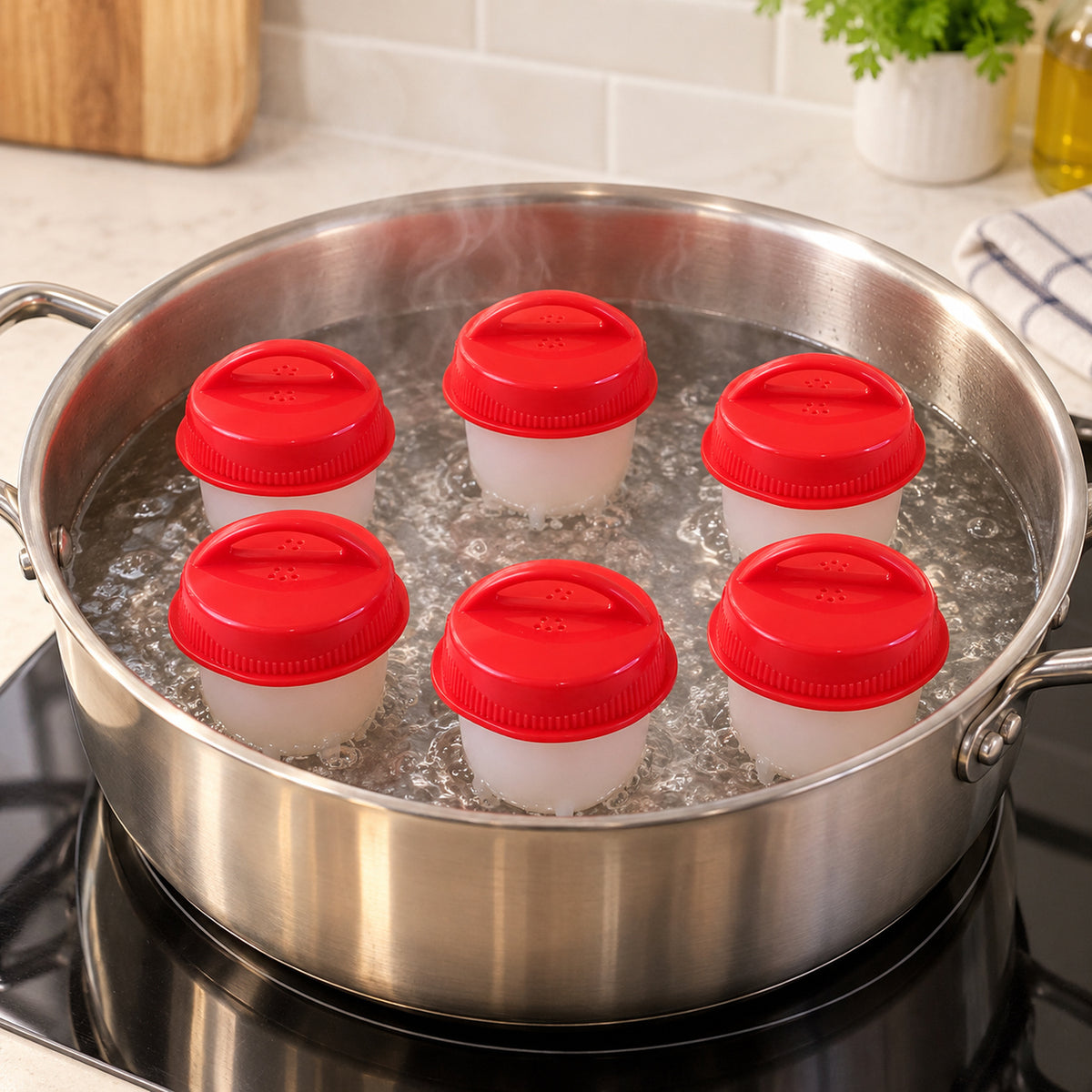 Silicone Egg Steamer Mould Cups with Removable Red Lids (6 Pc)