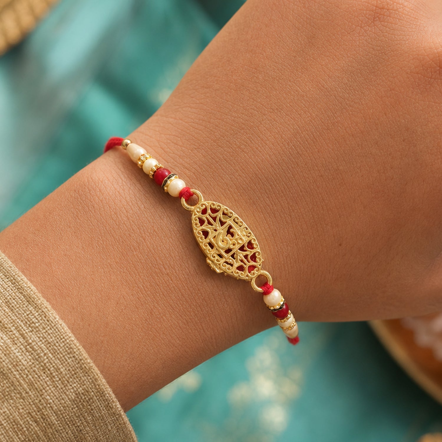 Leaf Pattern Om Charm Traditional Rakhi with Beads for Raksha Bandhan (5pcs)