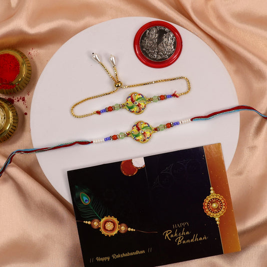 Peacock Feather Meenakari Rakhi Set – Colorful Bhaiya Bhabhi Designer Combo