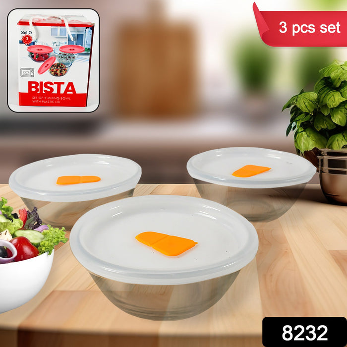 8232 Bista Glass Serving & Mixing Bowls with Plastic Lid | Oven & Microwave Safe & Dishwasher Safe | Scratch Resistant | Transparent | For Household Gift For Birthday (3 Pcs set / 250 ML Approx)
