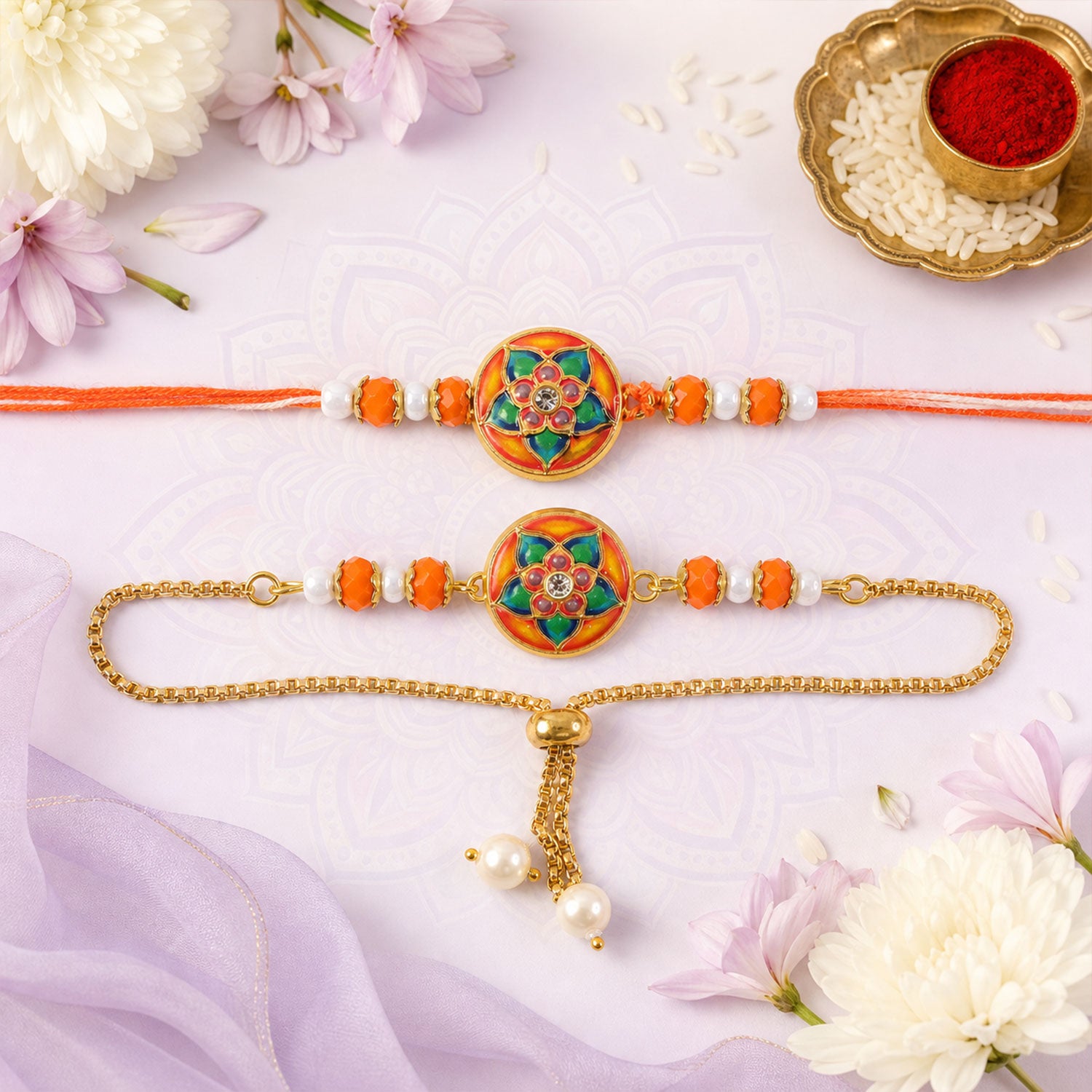 Round Meenakari Floral Mandala Crystal Pearl Beads Bhai Bhabhi Rakhi Lumba Set