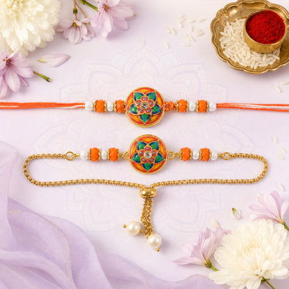 Round Meenakari Floral Mandala Crystal Pearl Beads Bhai Bhabhi Rakhi Lumba Set