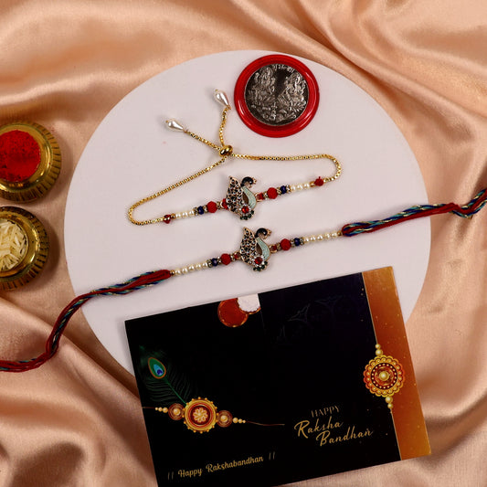 Royal Swan Bhaiya Bhabhi Rakhi Set – Pearl & Stone Designer Combo