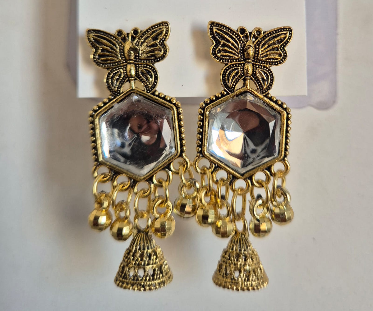 Elegant Gold Plated Butterfly Crystal Jhumka Earrings for Women Stylish Ethnic Dangle Jewellery