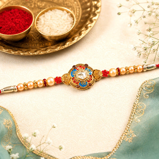 Designer Rakhi for Brother – Round Floral Stone Studded