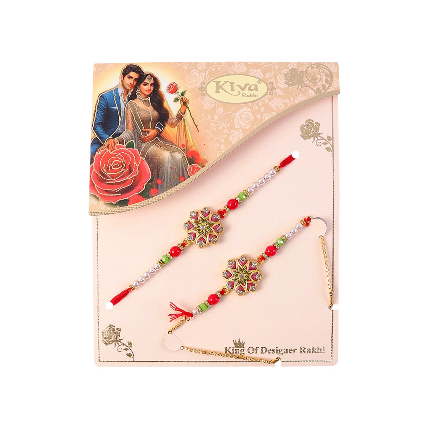 Bhaiya Bhabhi Floral Meenakari Rakhi & Pearl Drop Lumba Combo Set Gift