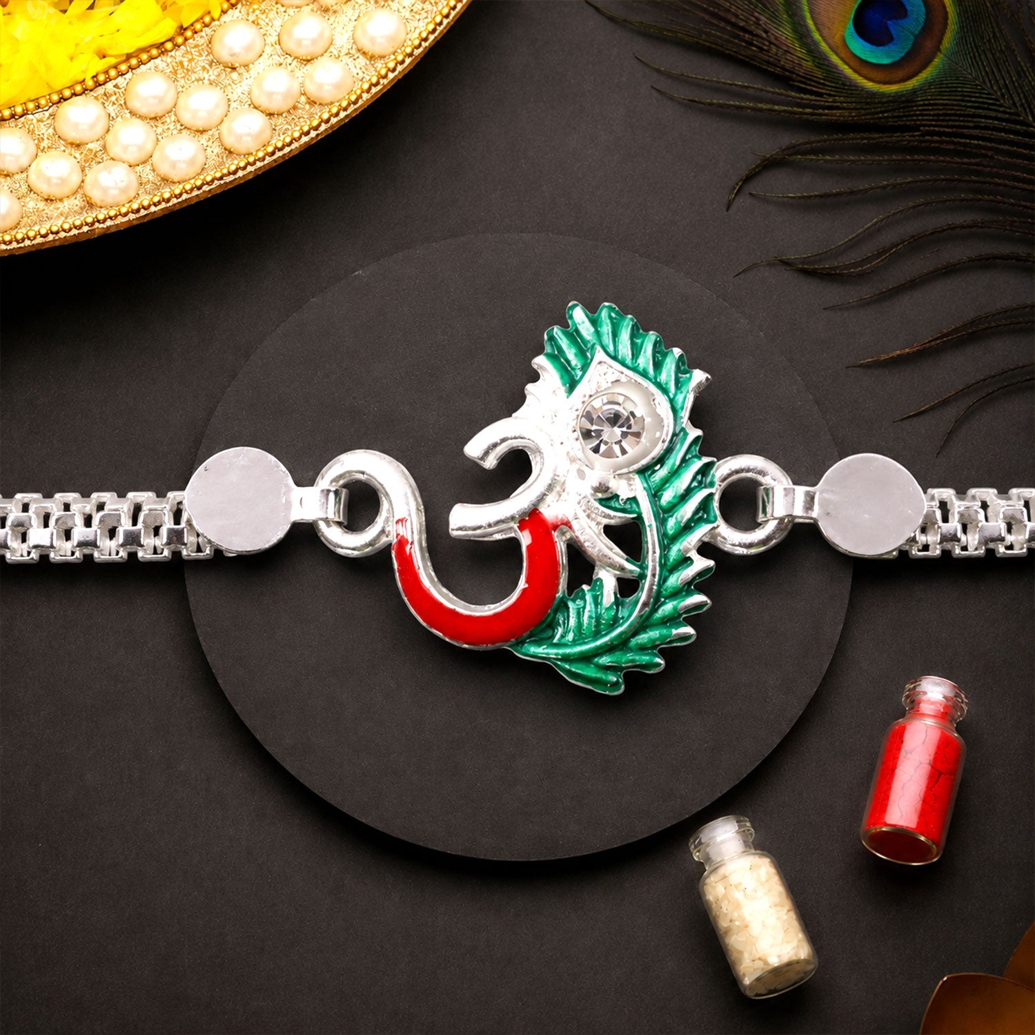 Om Charm Morpankh Silver Chain Crystal Diamond Rakhi for Brother (5pcs)