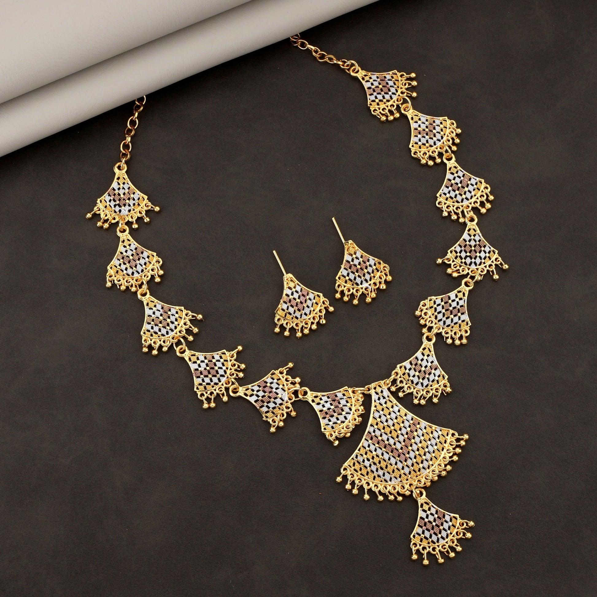 Traditional Gold-Plated "Pankhi" (Fan) Design Necklace Set with Multicolor Enamel