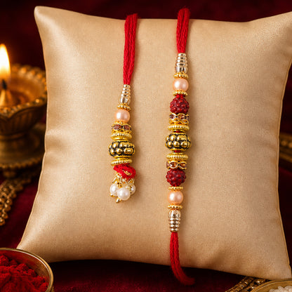 Pearl Drop Beaded Bhai Bhabhi Rakhi with Rudraksha Accents for Raksha Bandhan Gift