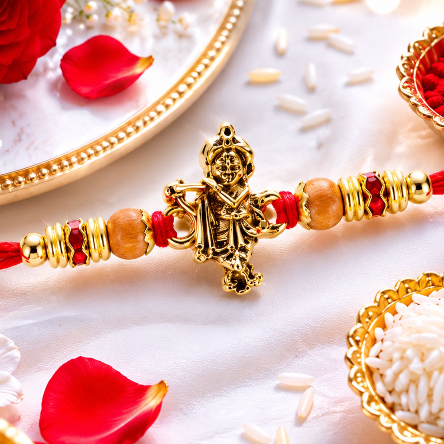 Krishna Flute Idol Devotional Rakhi with Golden Centre, Wooden Beads and Red Thread