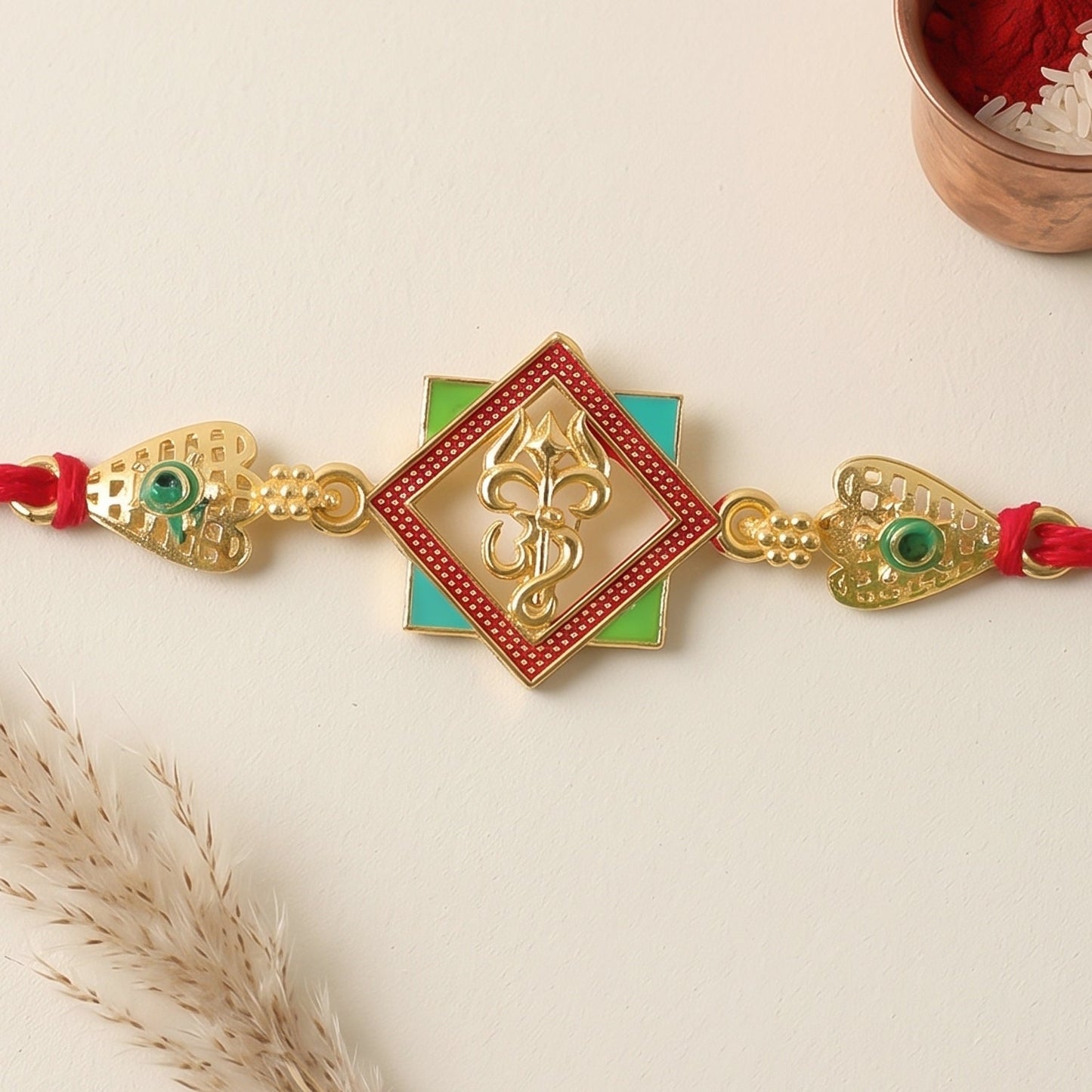 Gold-Toned Om Trishul Rakhi with Colorful Enamel for Raksha Bandhan (10pcs)