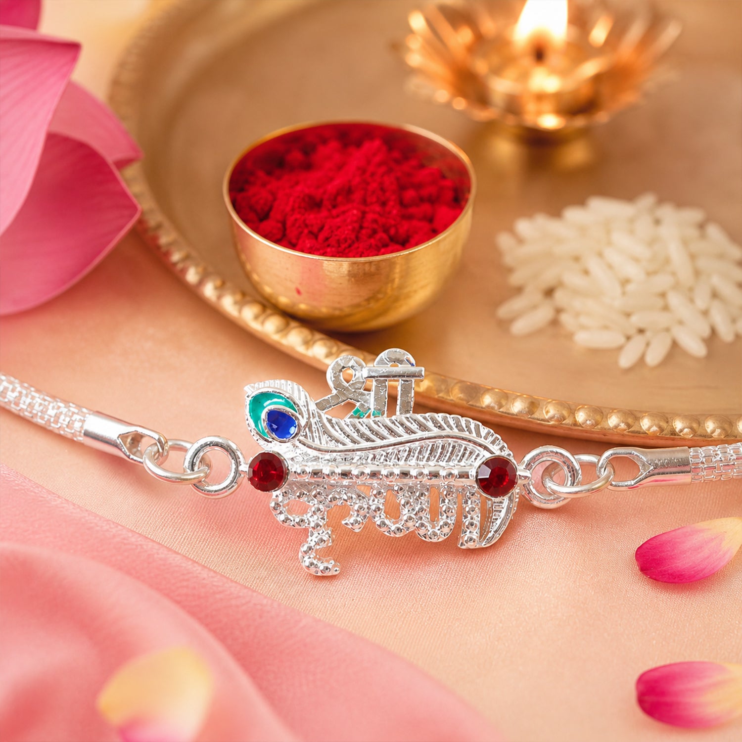Shri Krishna Feather Enamel Stone Silver Chain Designer Rakhi