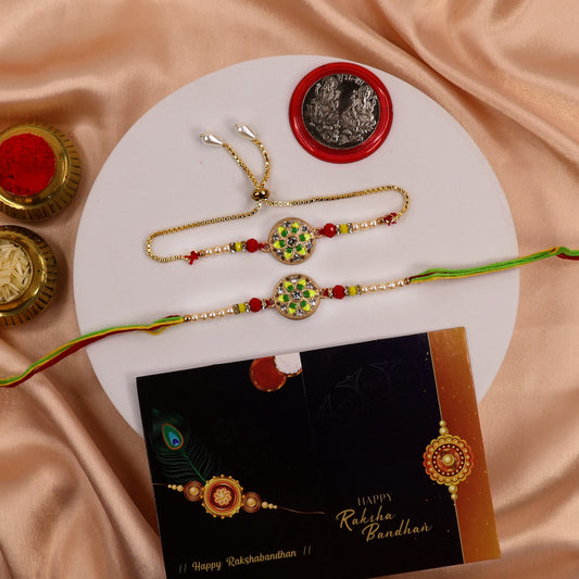 Designer Rakhi Bracelet Combo – Traditional Beaded Rakhi and Adjustable Bracelet with Pearl Accents for Brother & Bhabhi
